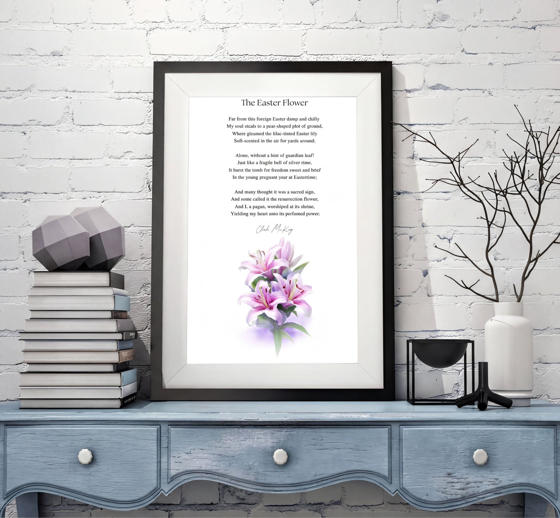 Easter Poetry Wall Art featuring The Easter Flower poem and elegant lily illustration on a styled table.