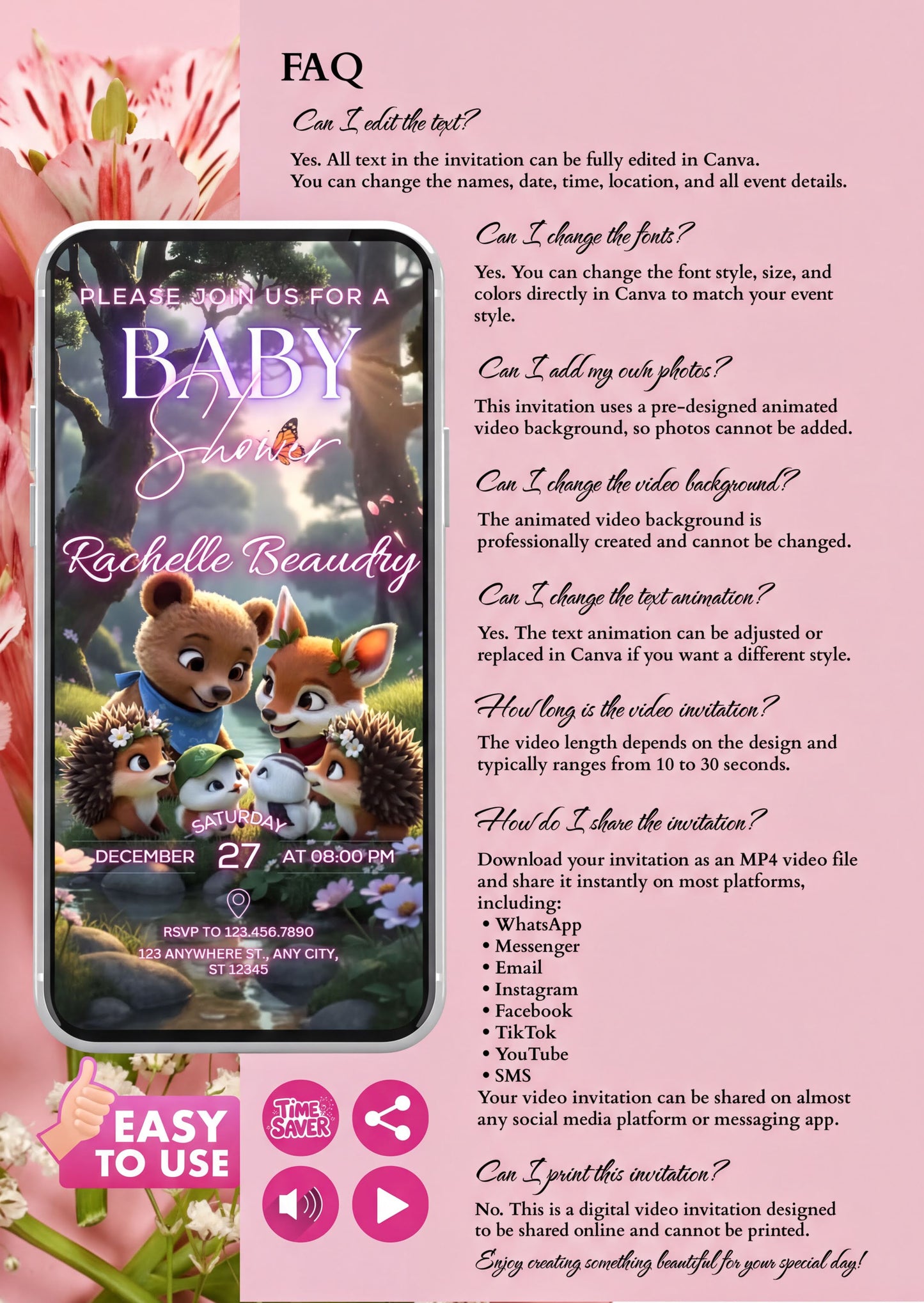 Editable Baby Shower Invitation featuring adorable woodland animals in a customizable video format with FAQs.