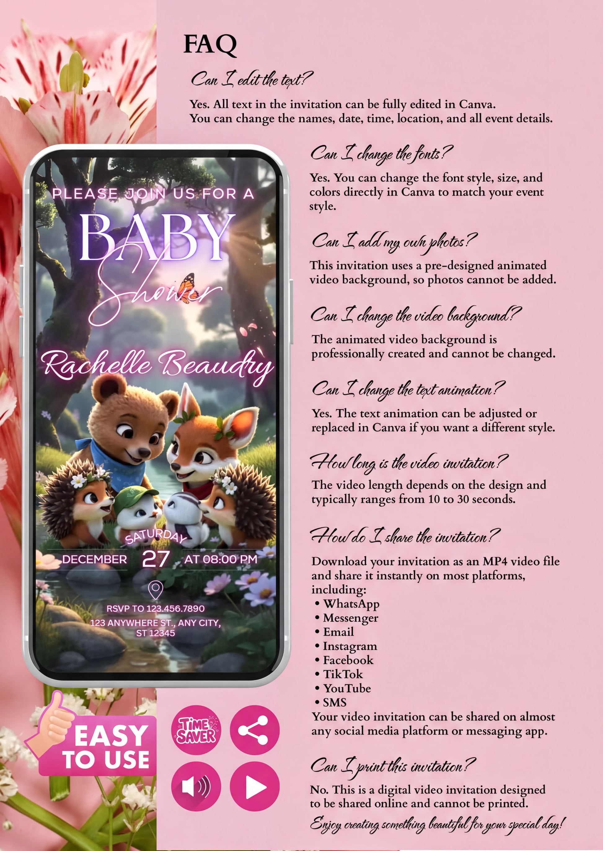 Editable Baby Shower Invitation featuring adorable woodland animals in a customizable video format with FAQs.