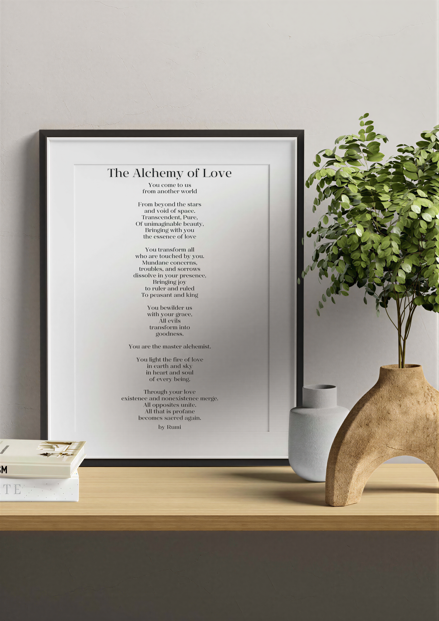 Inspirational Poetry Wall Art featuring The Alchemy of Love by Rumi in a stylish home decor setting.
