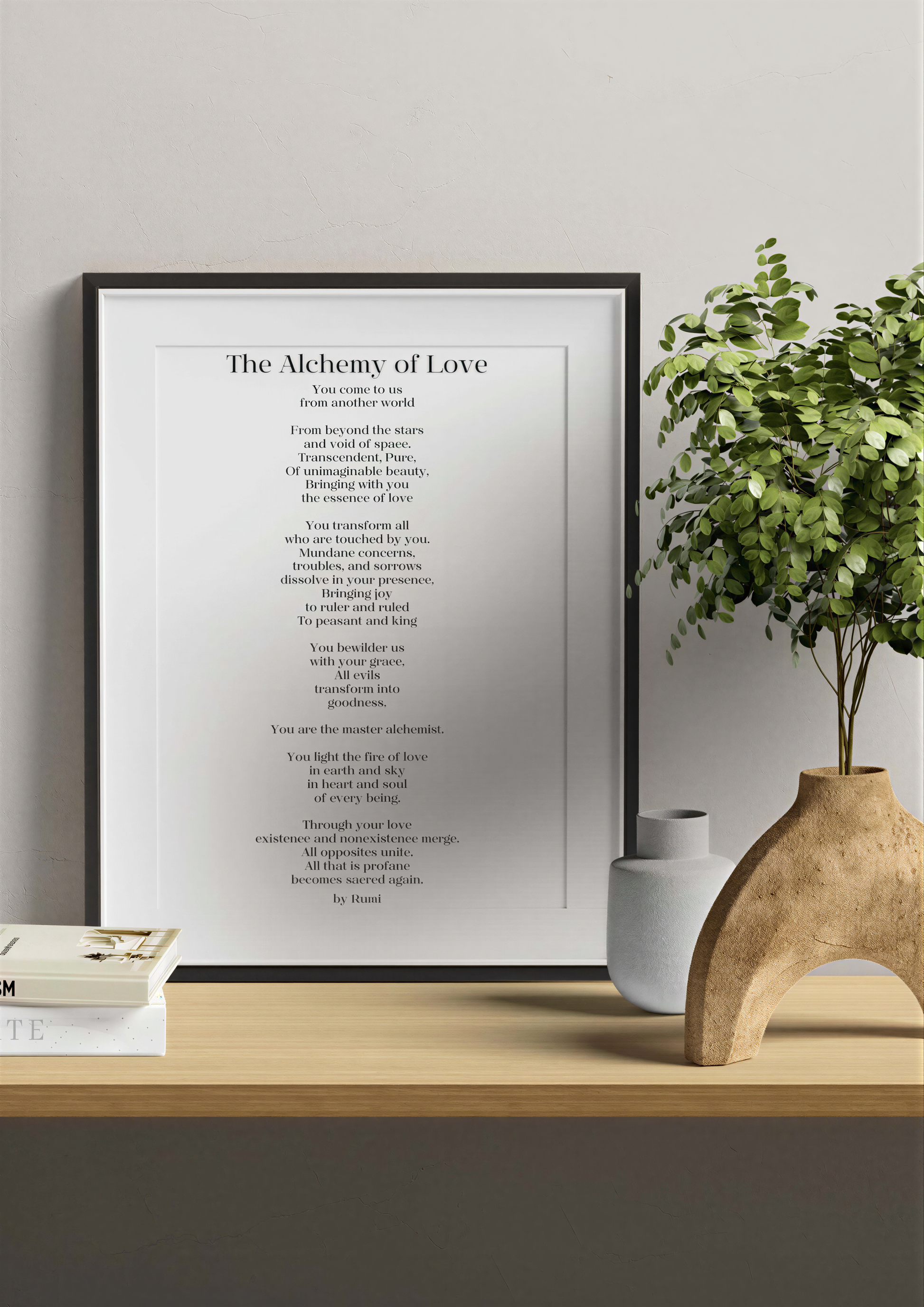 Inspirational Poetry Wall Art featuring The Alchemy of Love by Rumi in a stylish home decor setting.
