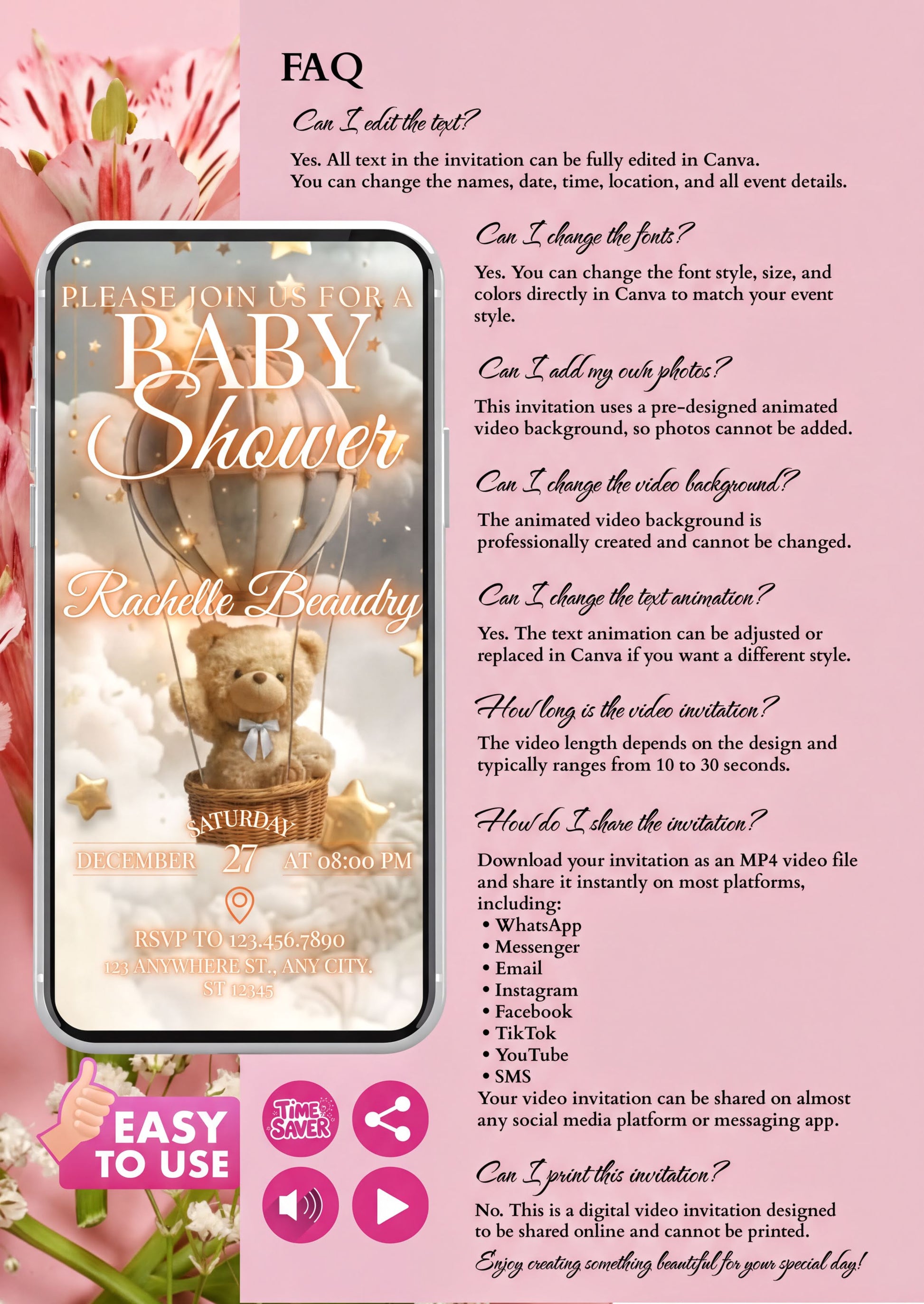 Teddy Bear Baby Shower Video Invitation FAQ guide on customizing invitations and features.