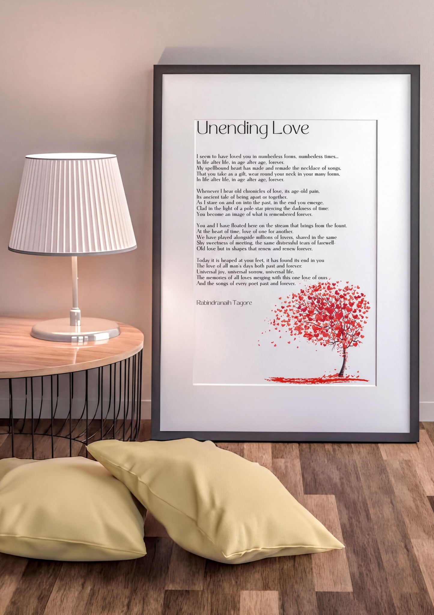 Unending Love Poem Art displayed in a cozy room with a lamp and cushions, capturing eternal devotion.
