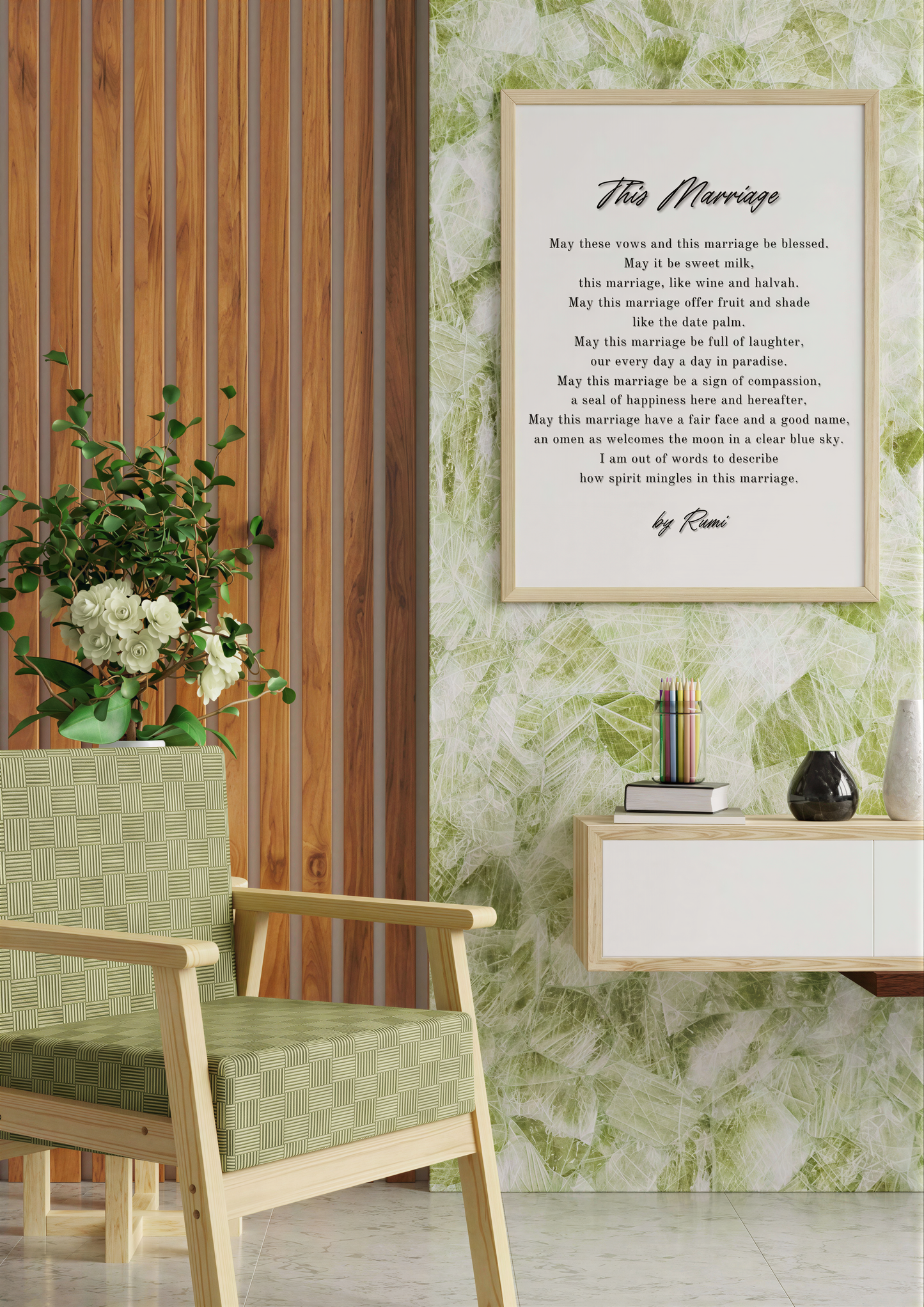 Rumi Wedding Poem Art displayed in an elegant interior setting with green decor and modern furnishings.