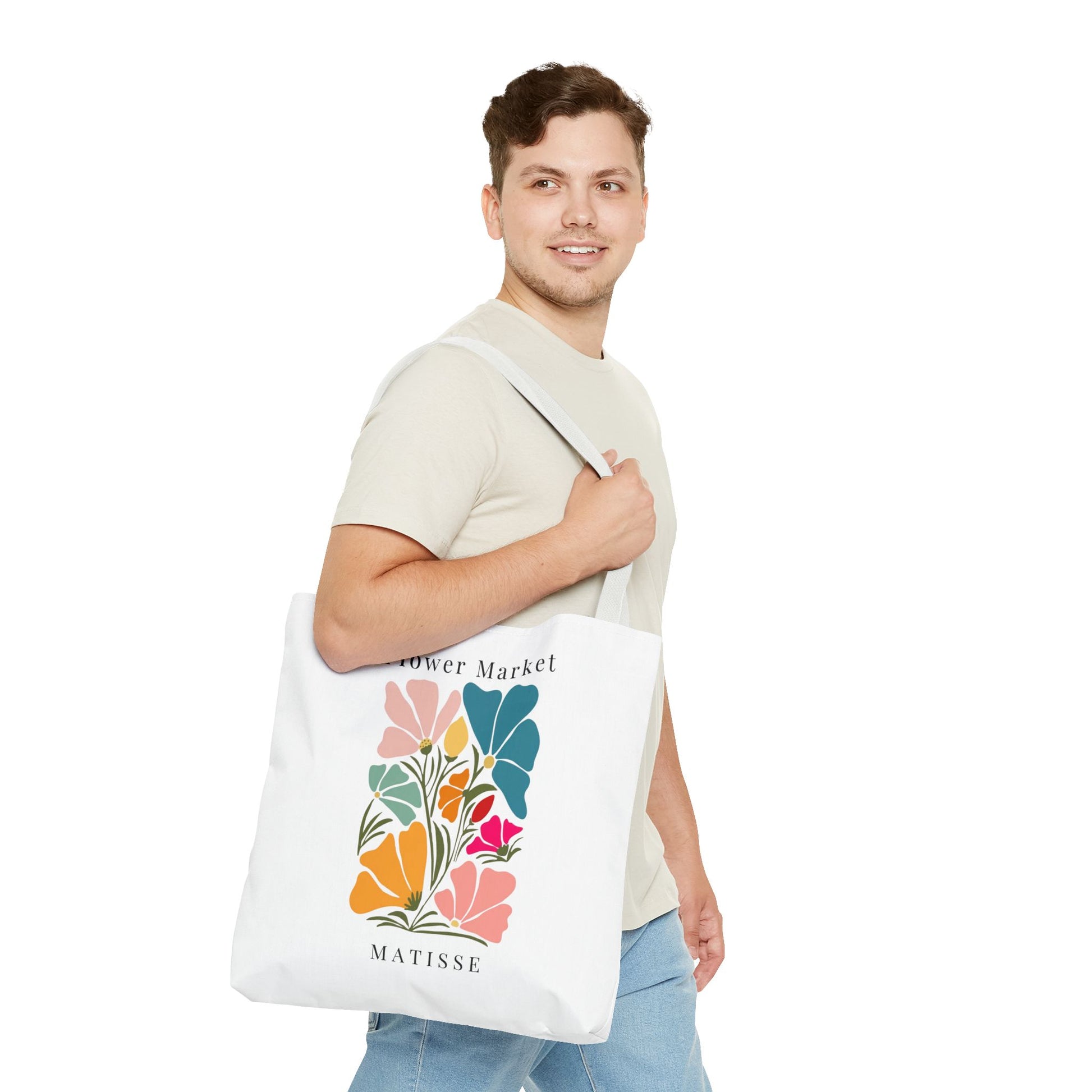 Henri Matisse tote bag with colorful artistic design, ideal for art lovers, shown on a man wearing casual attire.