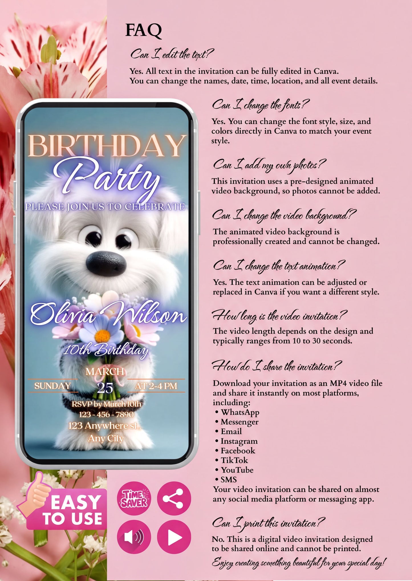 Puppy Birthday Invitation - animated video invite for kids party with customizable design and features.