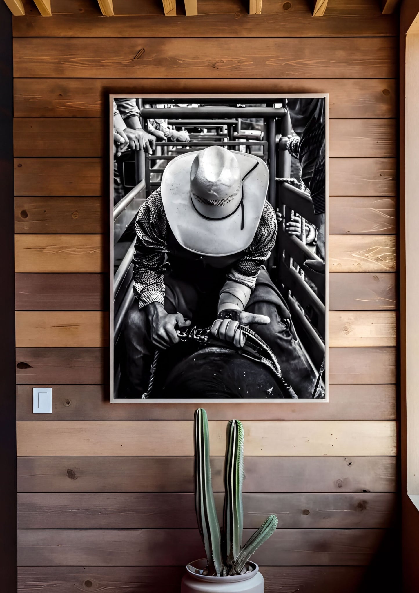 Cowboy Rodeo Wall Art featuring a cowboy preparing for the ride in black and white rustic decor
