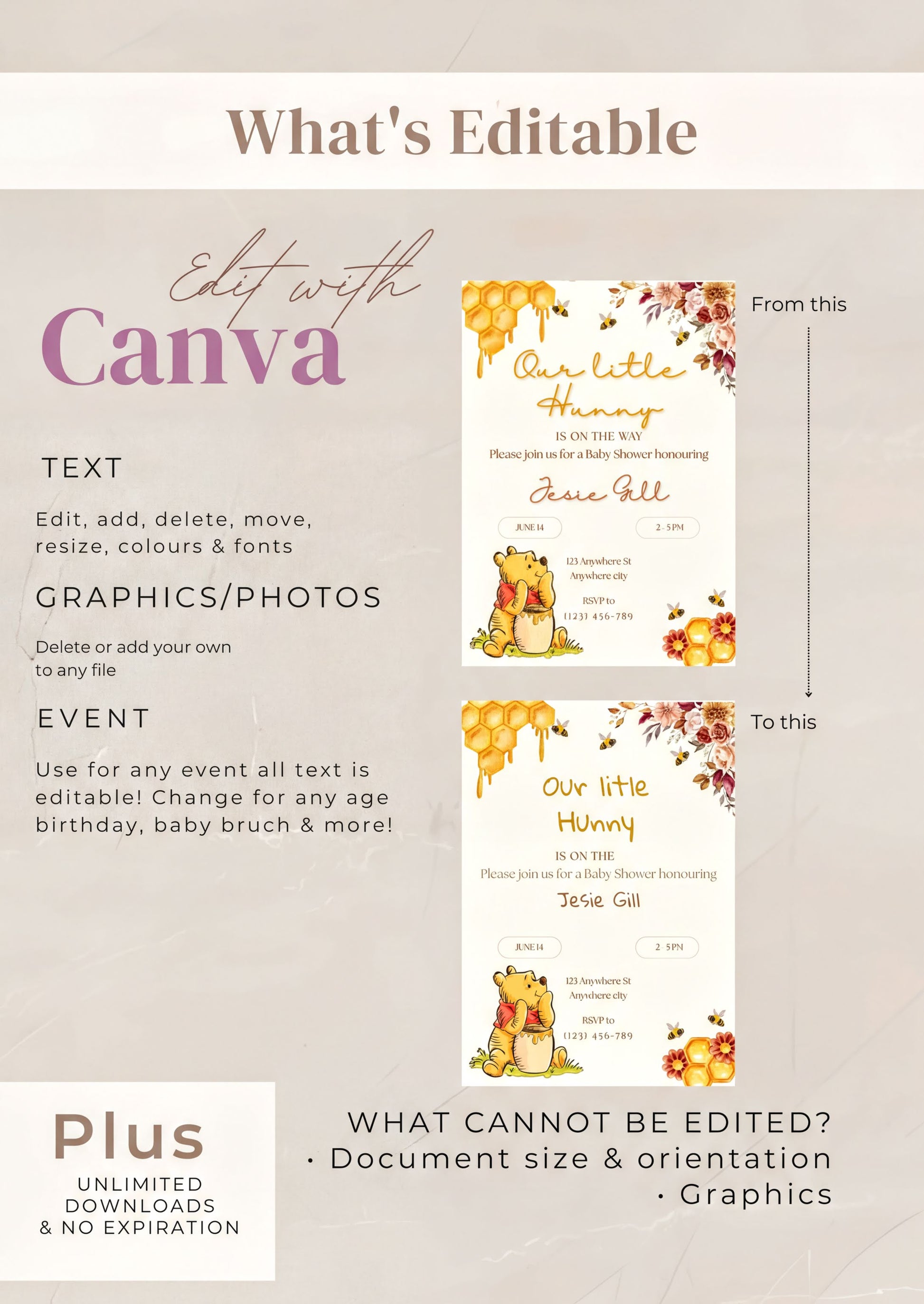 Winnie the Pooh Invitation editable baby shower invite customization options with Canva