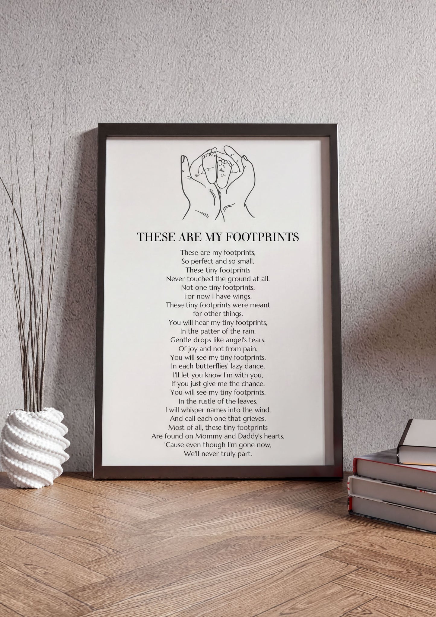 These Are My Footprints Poem Wall Art framed, displayed on a wooden surface, perfect for memorializing baby loss with heartfelt words and illustration.