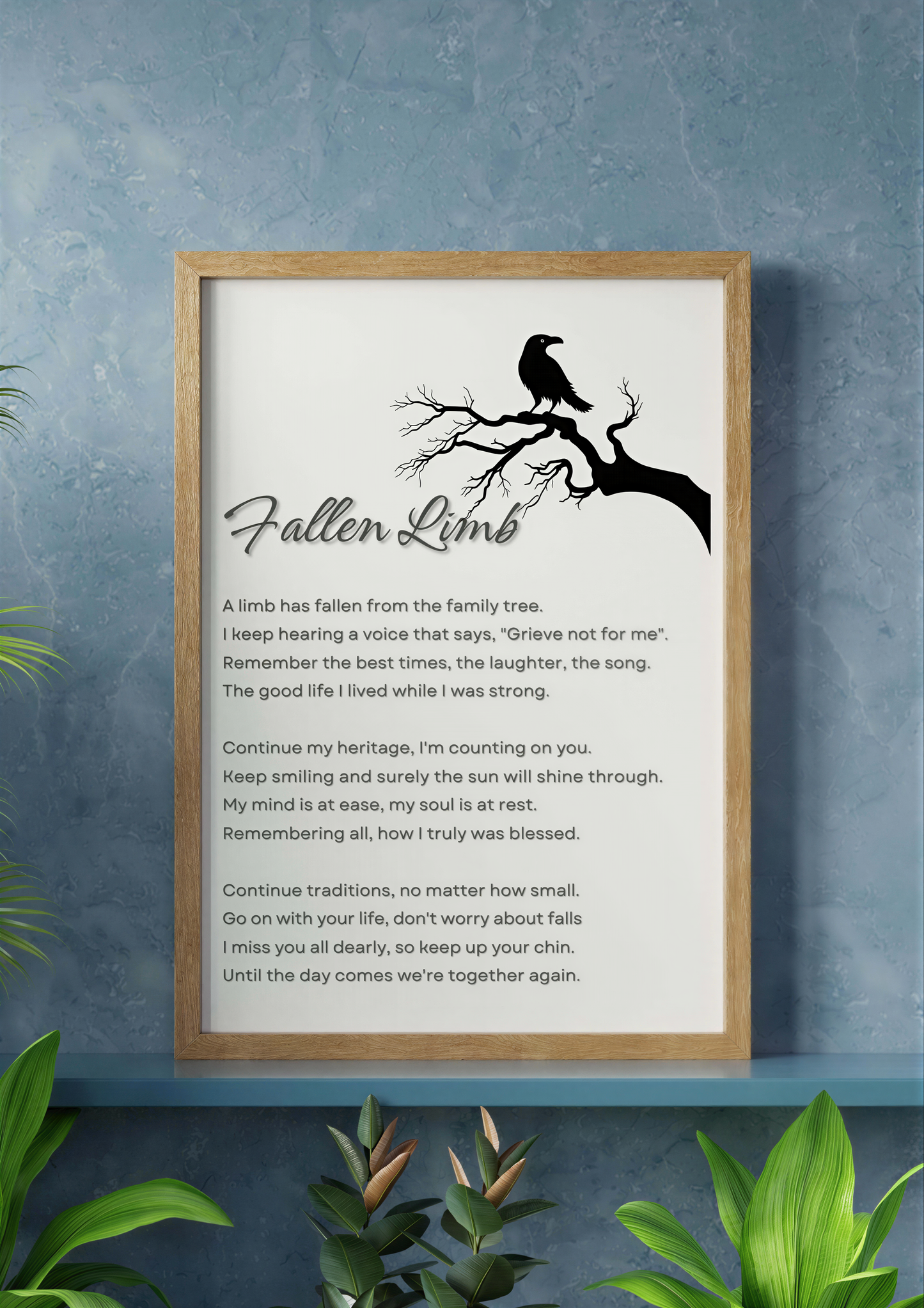 Memorial Poem Fallen Limb digital download featuring a heartfelt tribute poem and black and white artwork design.