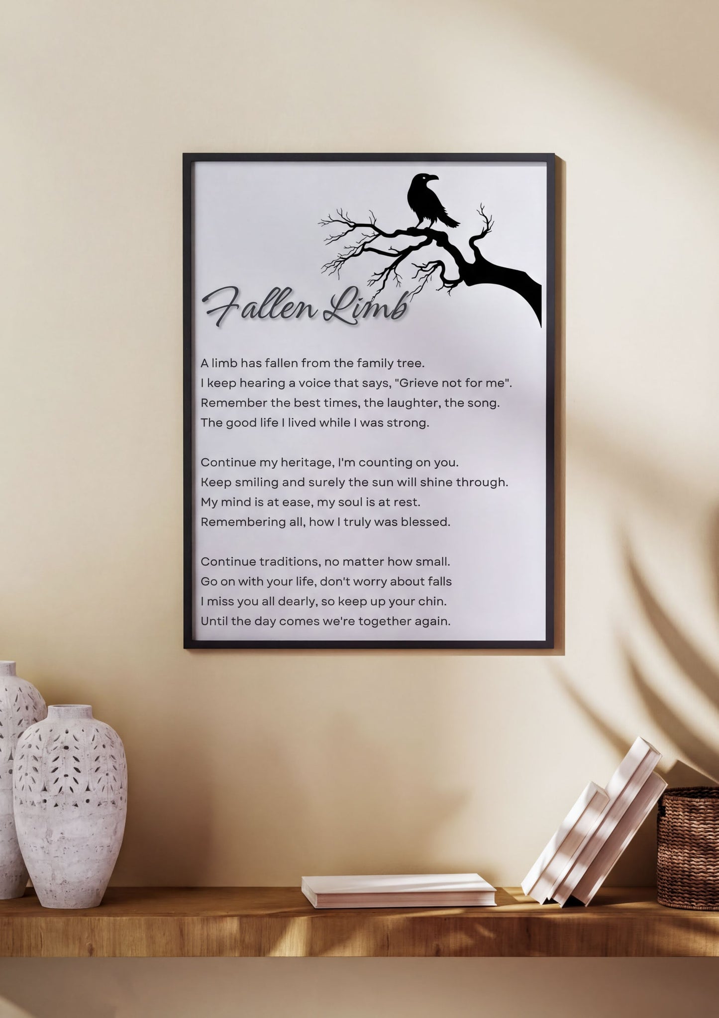 Memorial Poem Fallen Limb digital art featuring a raven and tree branch, symbolizing enduring love and loss comfort.
