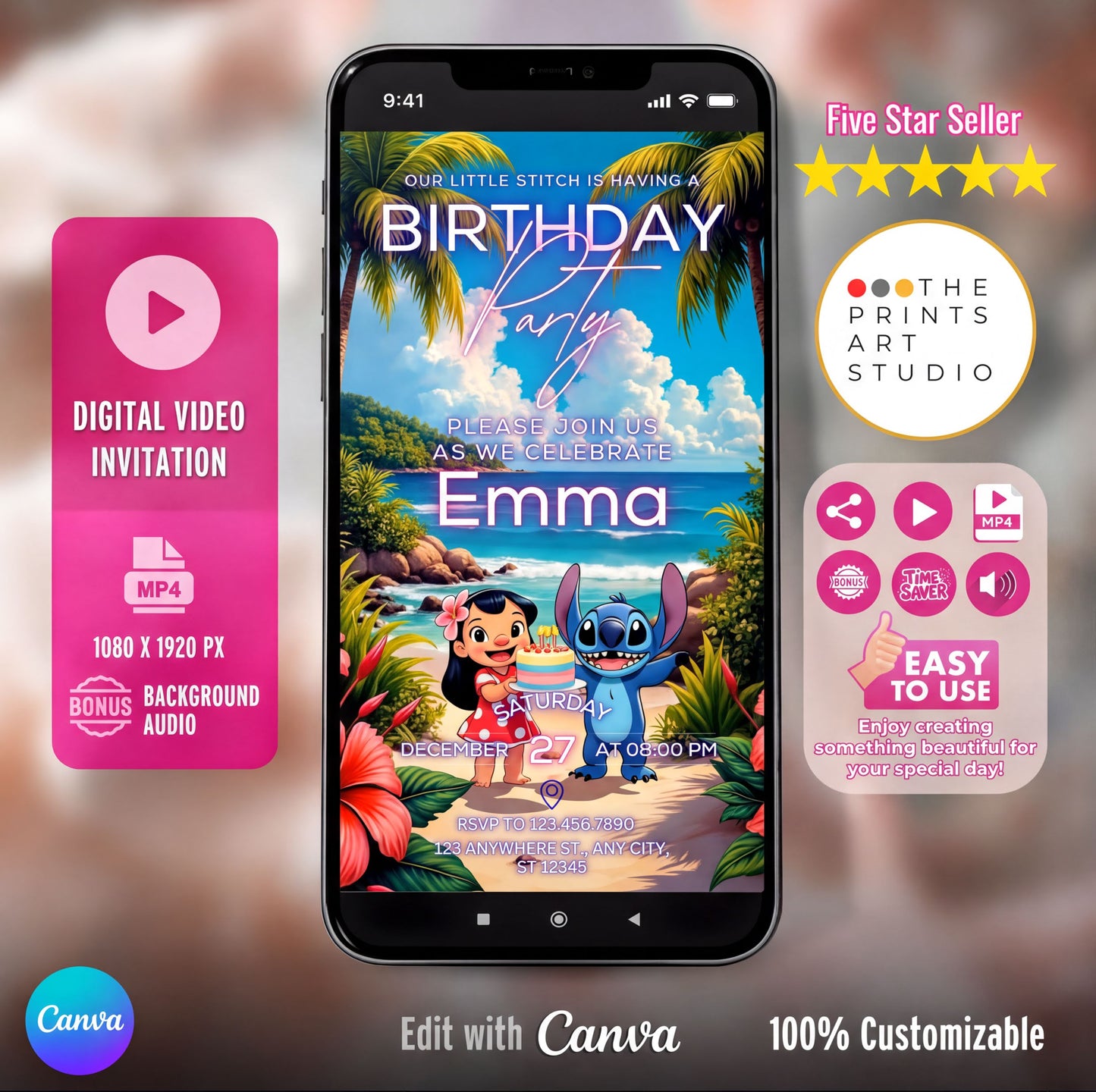 Lilo and Stitch birthday video invitation displayed on smartphone screen with tropical theme and customization options.