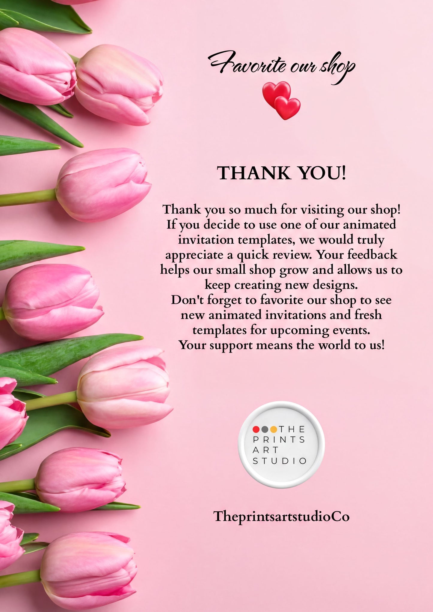 Ladybug Baby Shower Invitation Thank you note from The Prints Art Studio with pink tulips and a heart, inviting visitors to review their animated invitations.