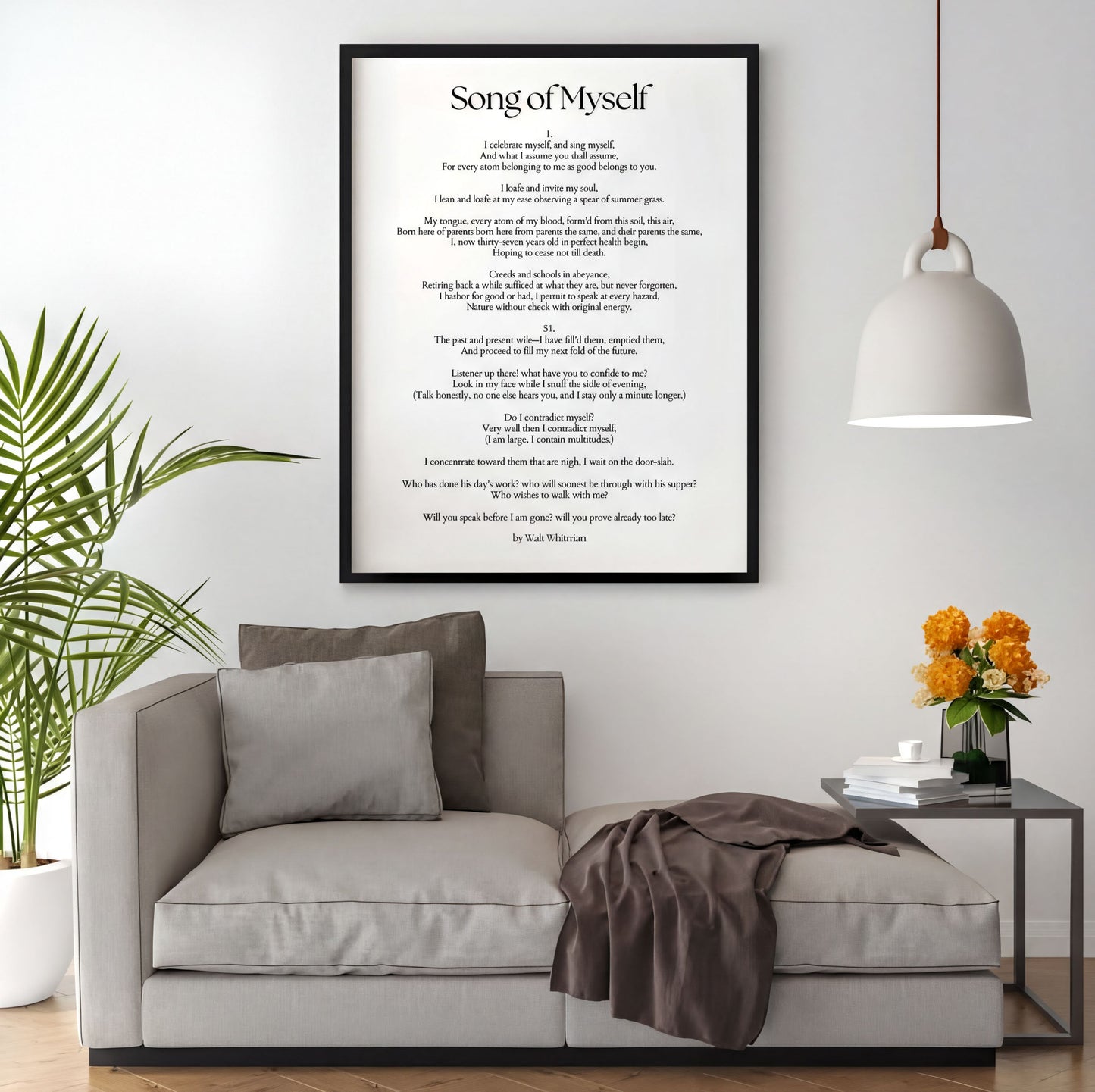 Song of Myself Print displayed in a cozy living room. Inspirational poetry wall decor by Walt Whitman.