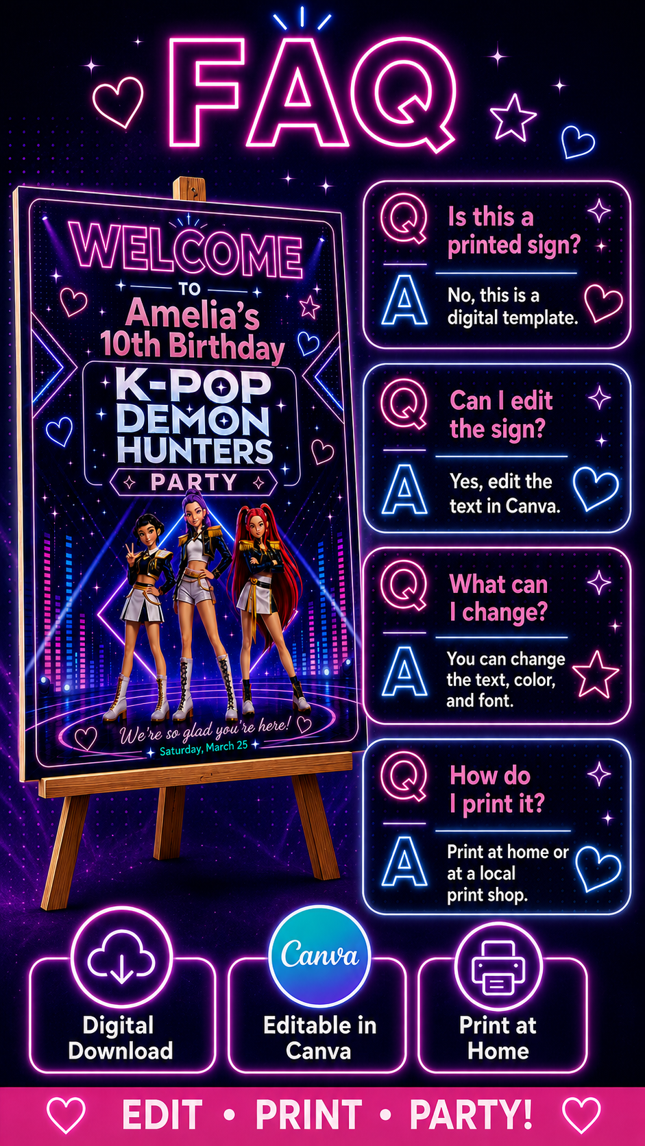 Kpop Demon Hunters Welcome Sign FAQ for editable birthday party sign, featuring questions and answers about customization.