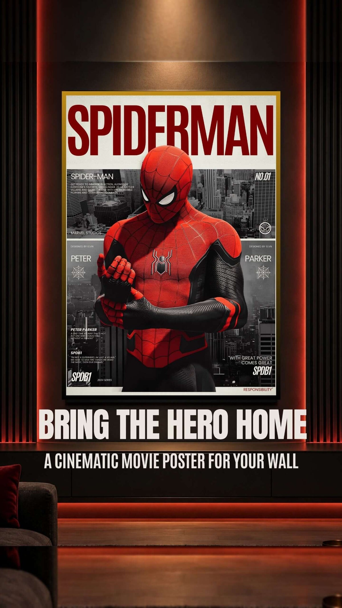 Spider-Man Printable Wall Art – Dramatic digital movie poster in red and black for superhero-themed decor.