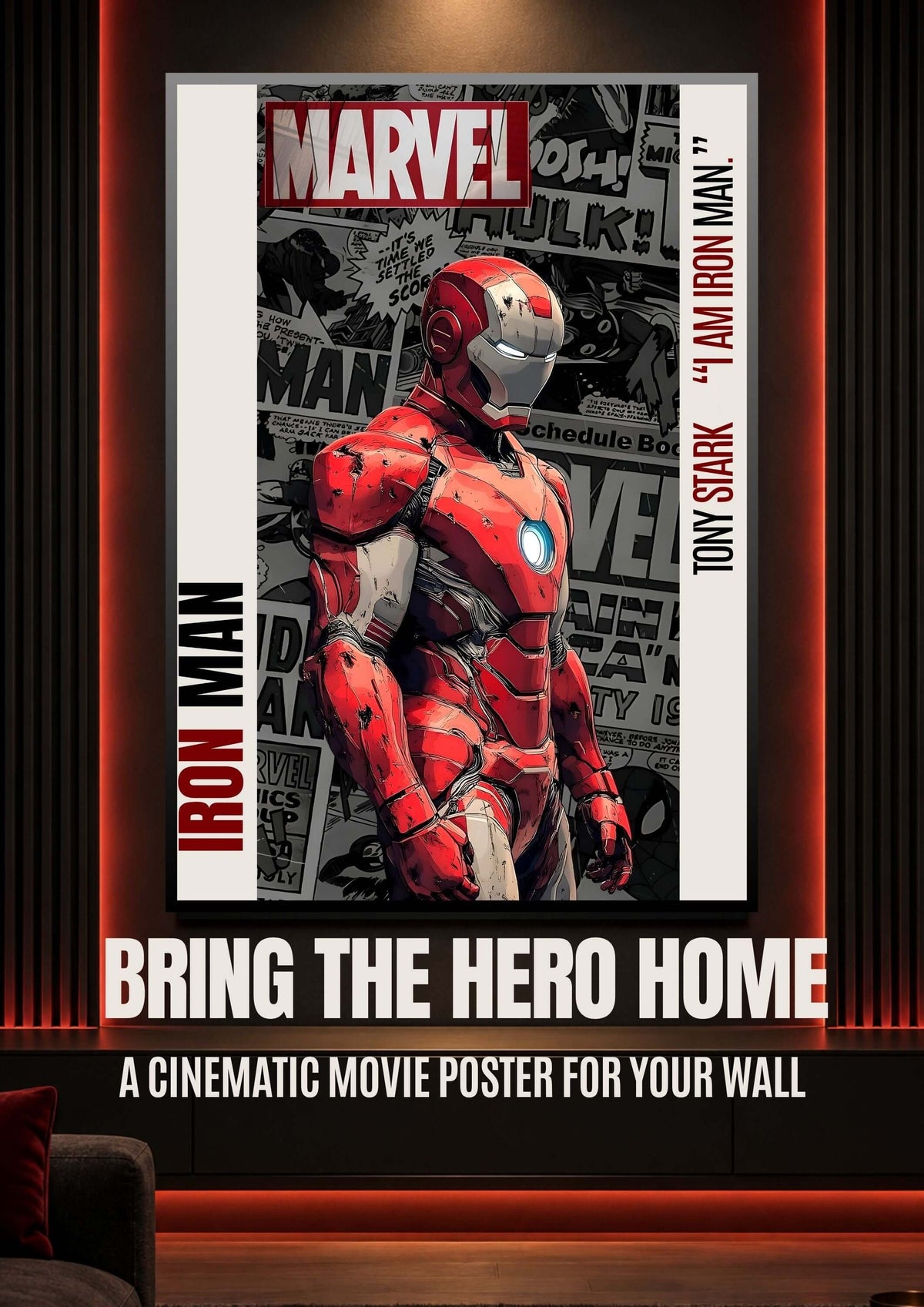 Iron Man Printable Wall Art featuring a digital movie poster of Iron Man in red-and-gold armor against a comic background.