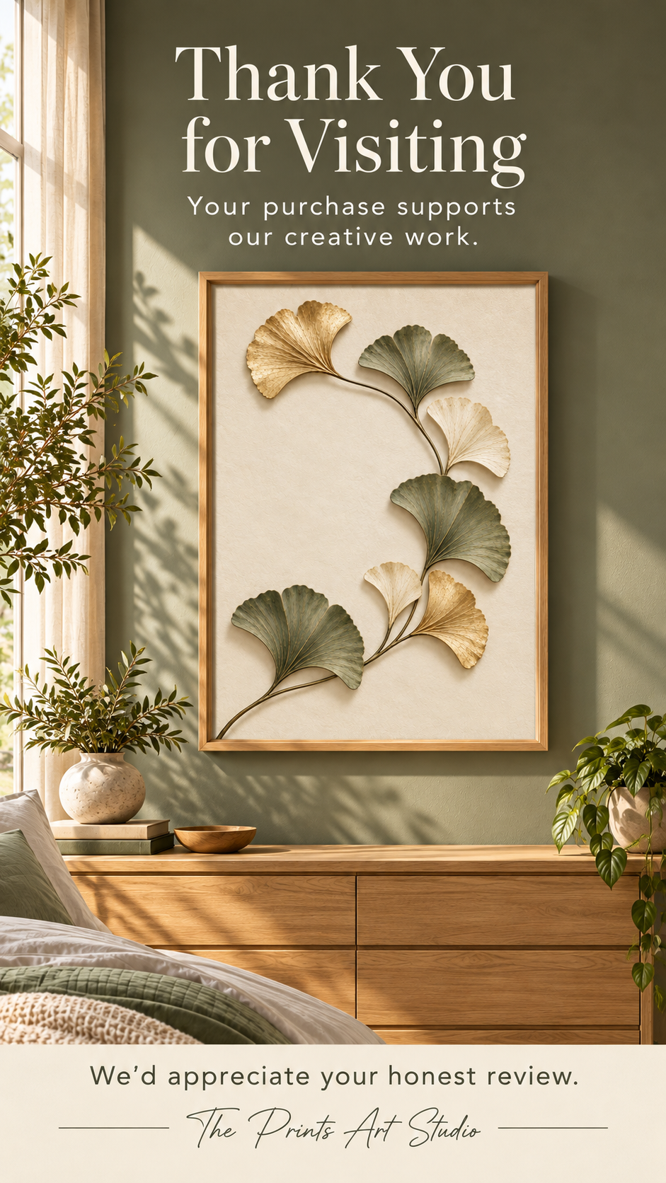 Ginkgo Biloba Printable Wall Art displayed in a stylish interior, surrounded by plants and warm colors.