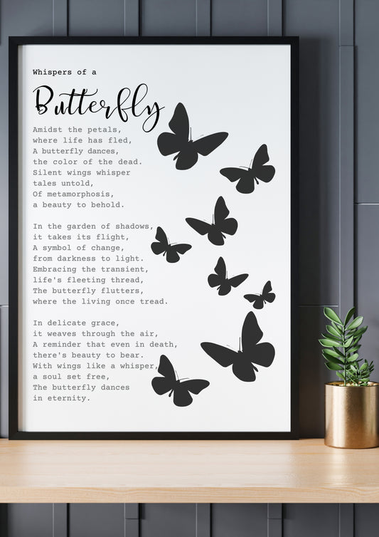 Butterfly Poem Print – Inspirational Printable Wall Art featuring minimalist black and white design with butterflies, ready for download.