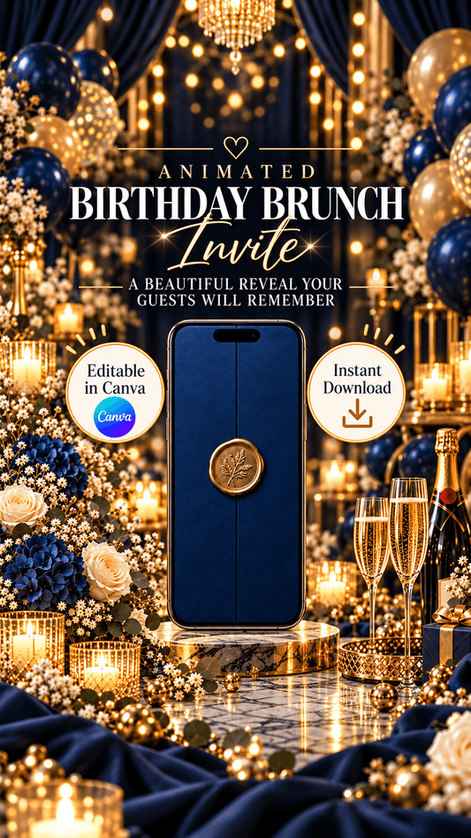 Luxury Birthday Brunch Video Invitation featuring a stylish navy envelope with gold seal in an elegant setting.