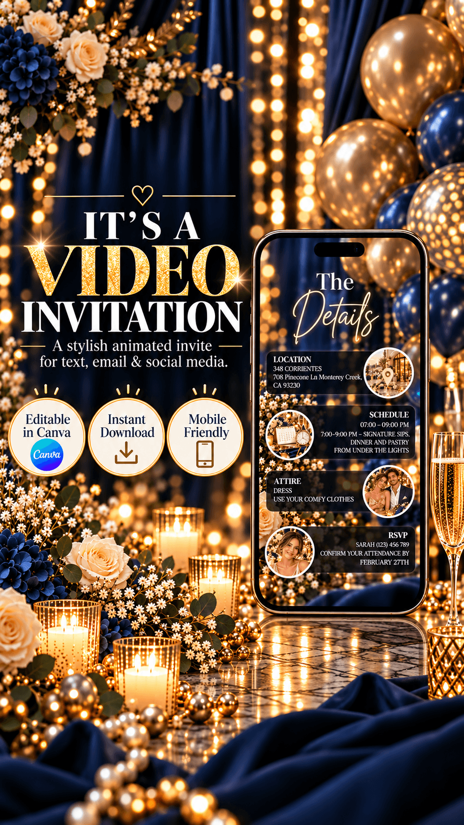 Luxury Birthday Brunch Video Invitation showcasing an elegant animated design with party details and festive decor.
