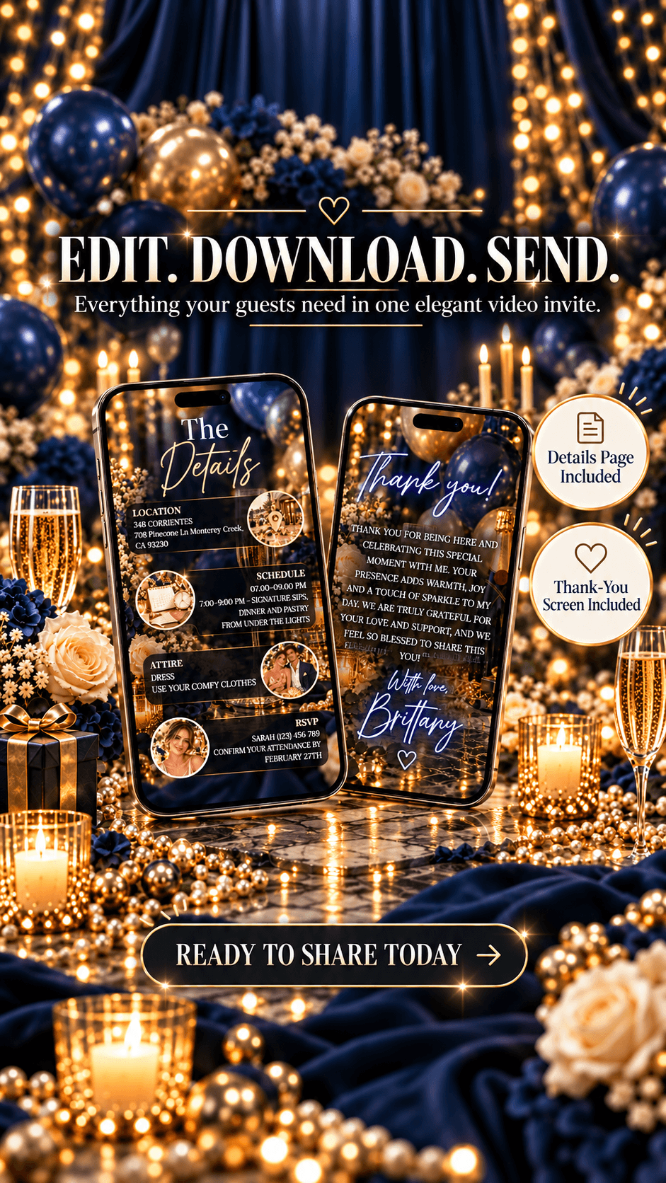 Luxury Birthday Brunch Video Invitation showcasing elegant video details and thank-you page against a festive backdrop.