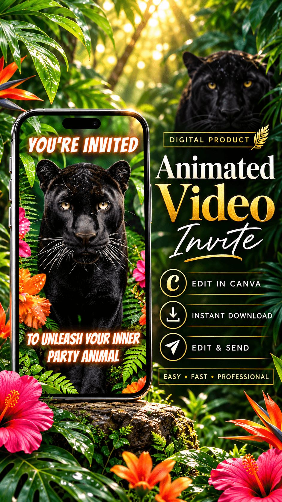 Jungle Panther Birthday Video Invitation featuring a majestic black panther in a vibrant jungle setting with tropical flowers.