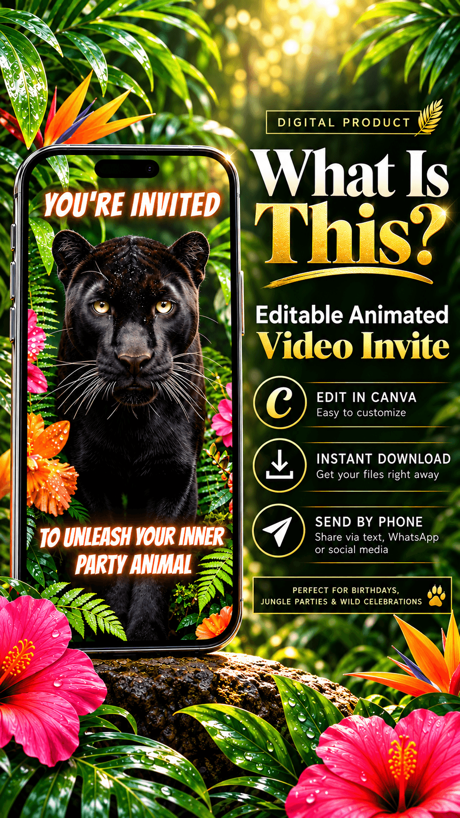 Jungle Panther Birthday Video Invitation featuring an animated panther with tropical flowers and customizable text.