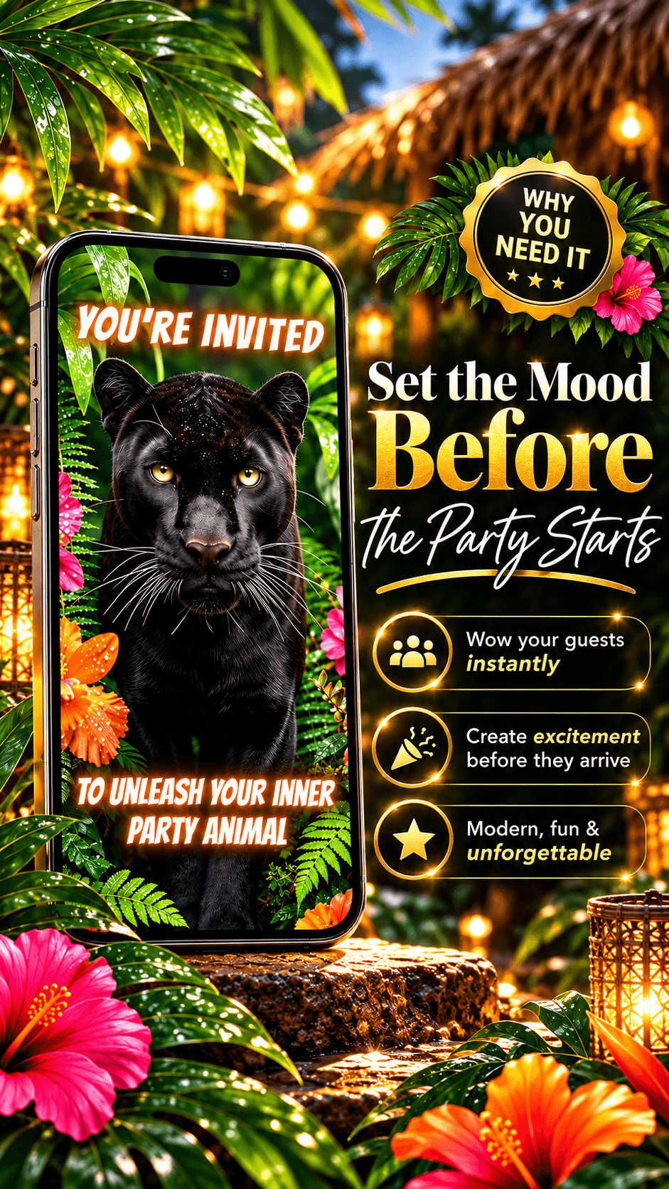 Jungle Panther Birthday Video Invitation featuring a majestic black panther, vibrant flowers, and party mood setting details.