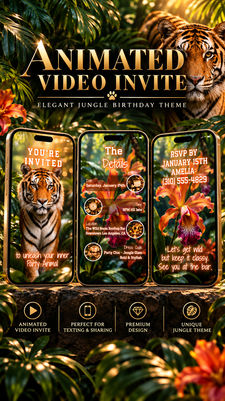 Tiger Jungle Birthday Video Invitation featuring a striking tiger and vibrant jungle design for an elegant birthday celebration.