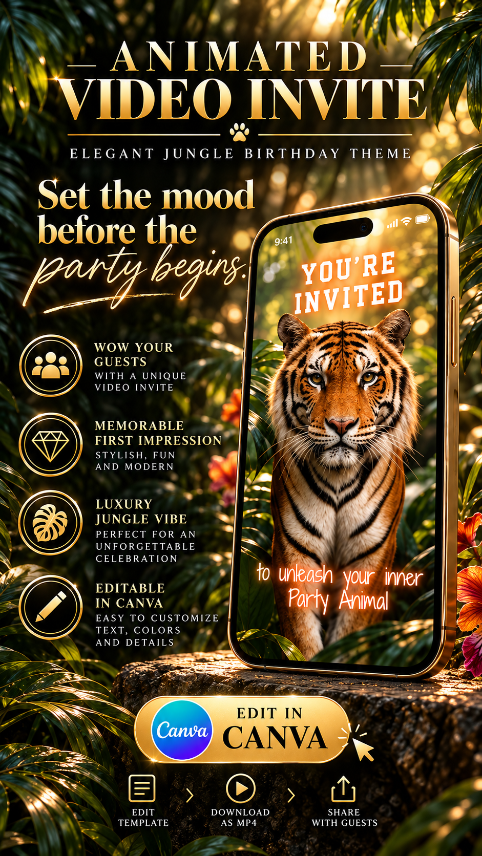 Tiger Jungle Birthday Video Invitation with elegant jungle theme and striking tiger imagery on a phone screen