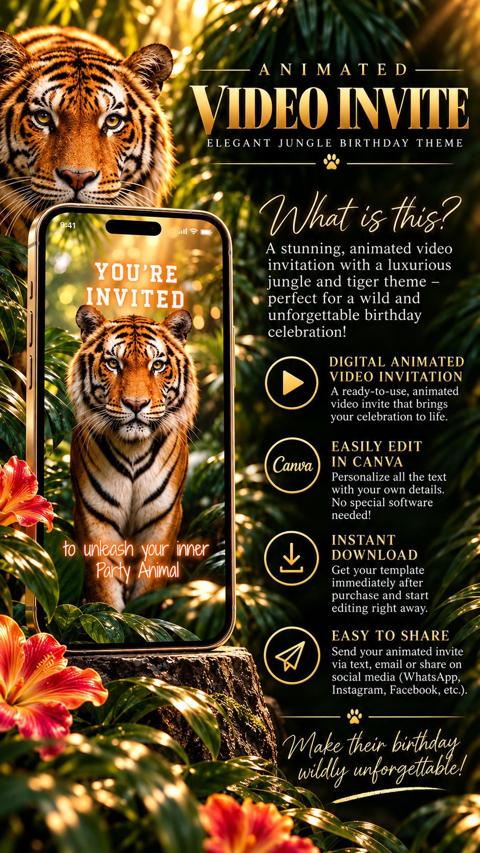 Tiger Jungle Birthday Video Invitation featuring a stylish animated invite with a tiger and lush jungle background.