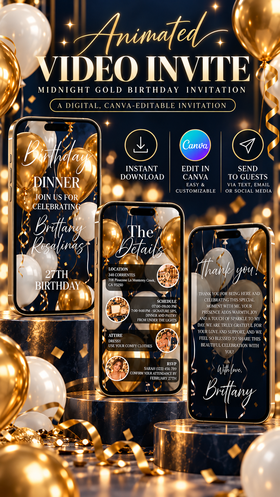 Navy and Gold Birthday Video Invitation featuring an elegant design with balloons and customizable details.