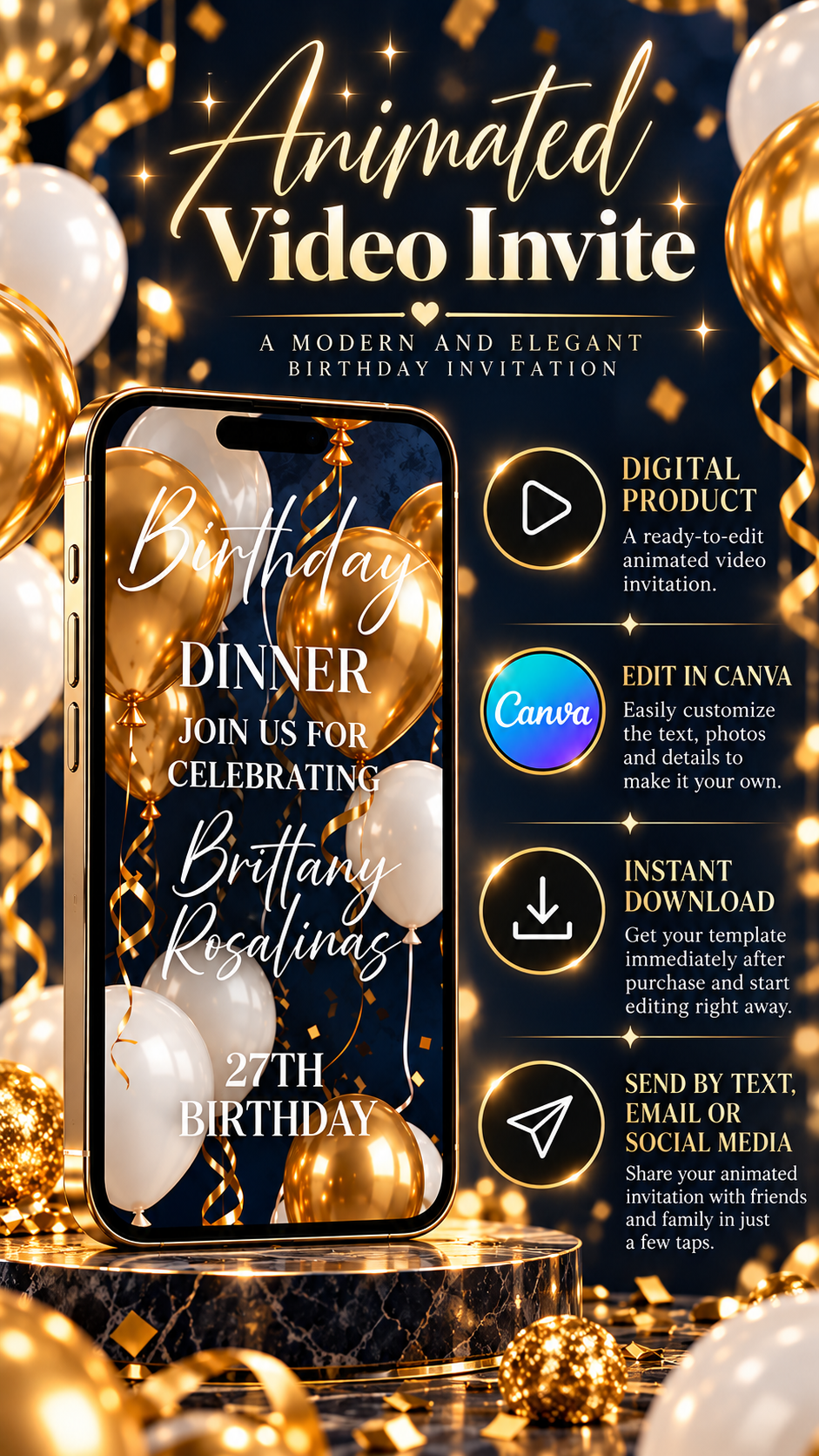 Navy and Gold Birthday Video Invitation featuring elegant design with balloons and digital format.