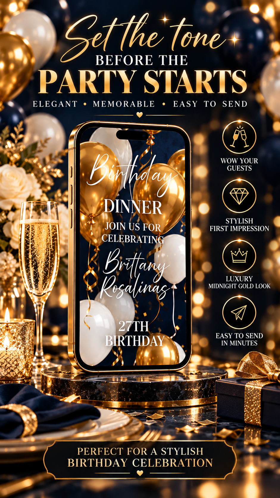 Navy and Gold Birthday Video Invitation featuring elegant gold balloons on a dark blue background and stylish text.