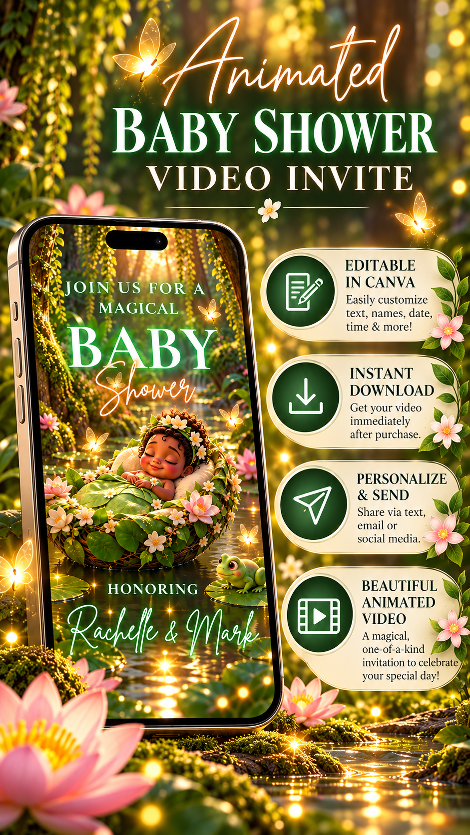 Woodland Baby Shower Video Invitation featuring a magical forest and animated elements for a memorable celebration.