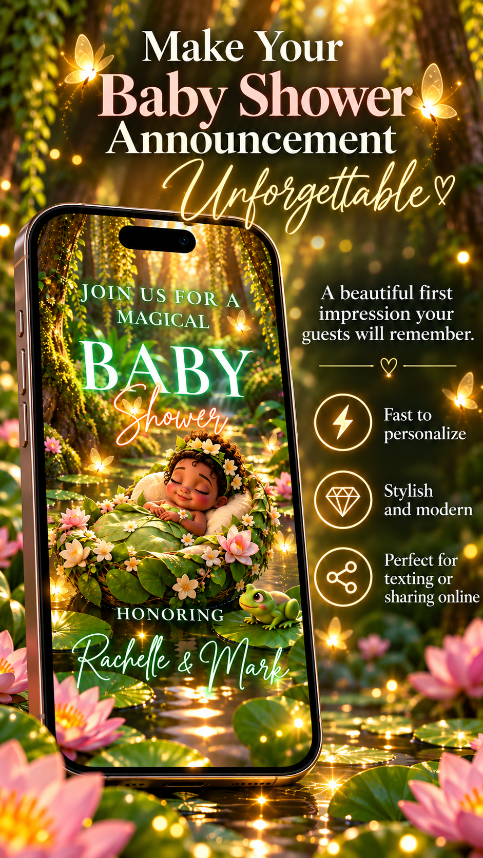Woodland Baby Shower Video Invitation displayed on a phone with a magical forest theme and glowing lights.