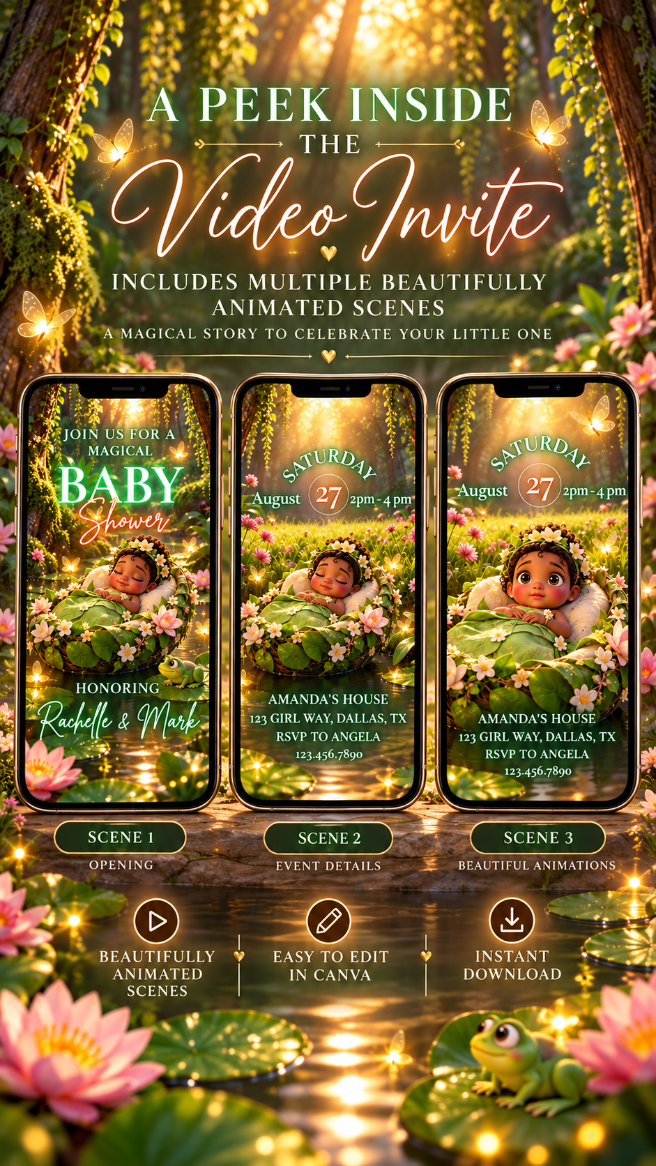 Woodland Baby Shower Video Invitation showcasing three animated scenes in a magical forest setting.