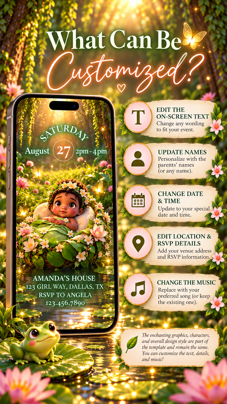Woodland Baby Shower Video Invitation customization options and details on the digital invite features.