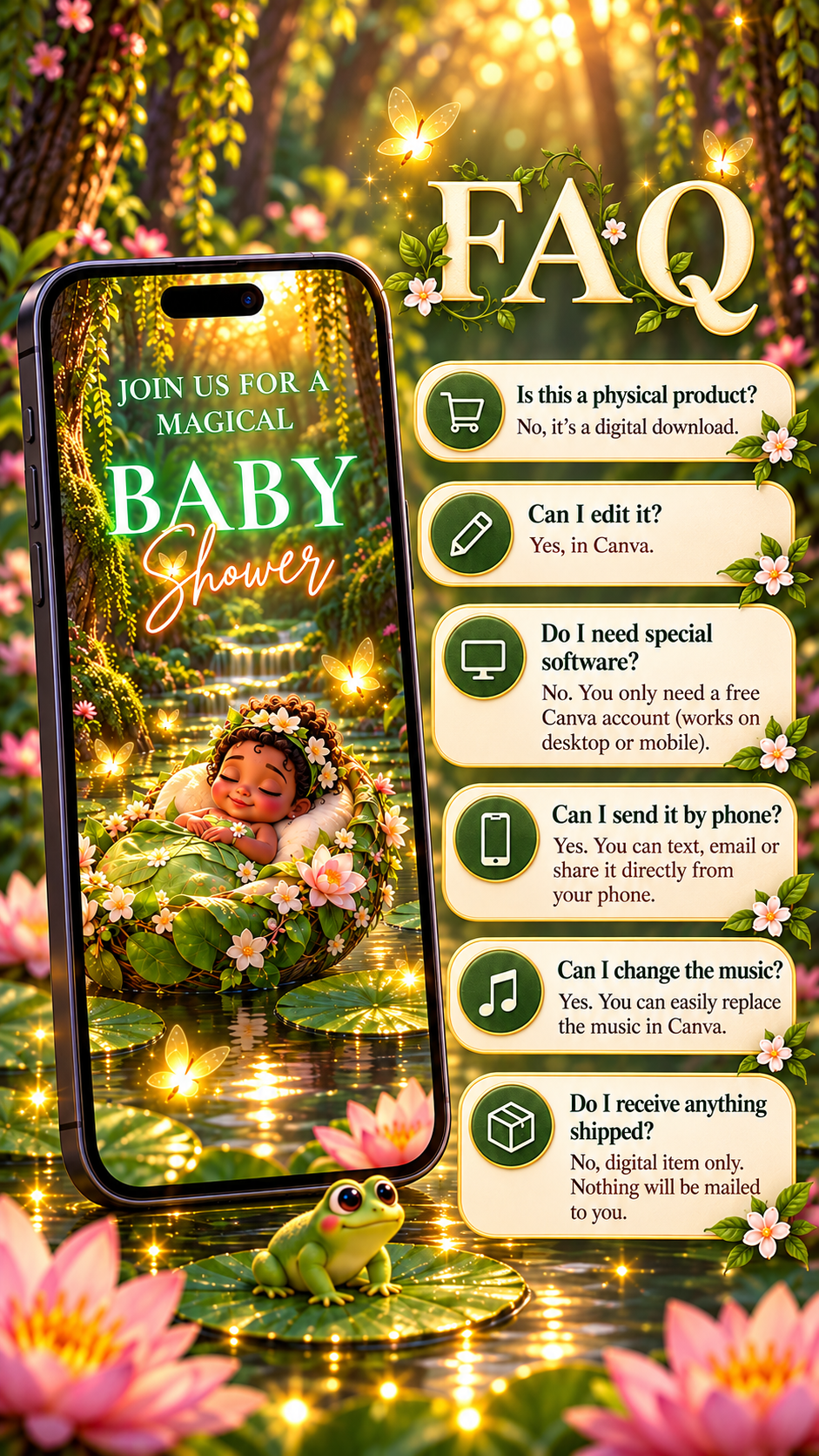 Woodland Baby Shower Video Invitation FAQ image with animated forest background and baby illustration.