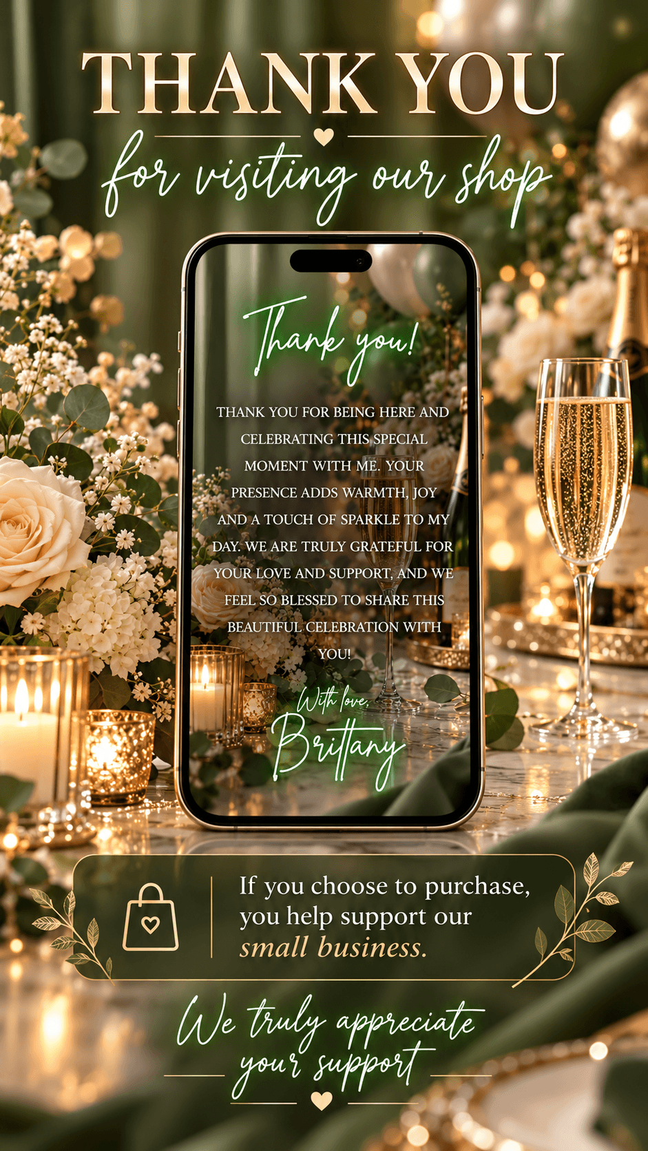 Green Birthday Brunch Video Invitationon a mobile phone with elegant decor and champagne in a sophisticated setting.