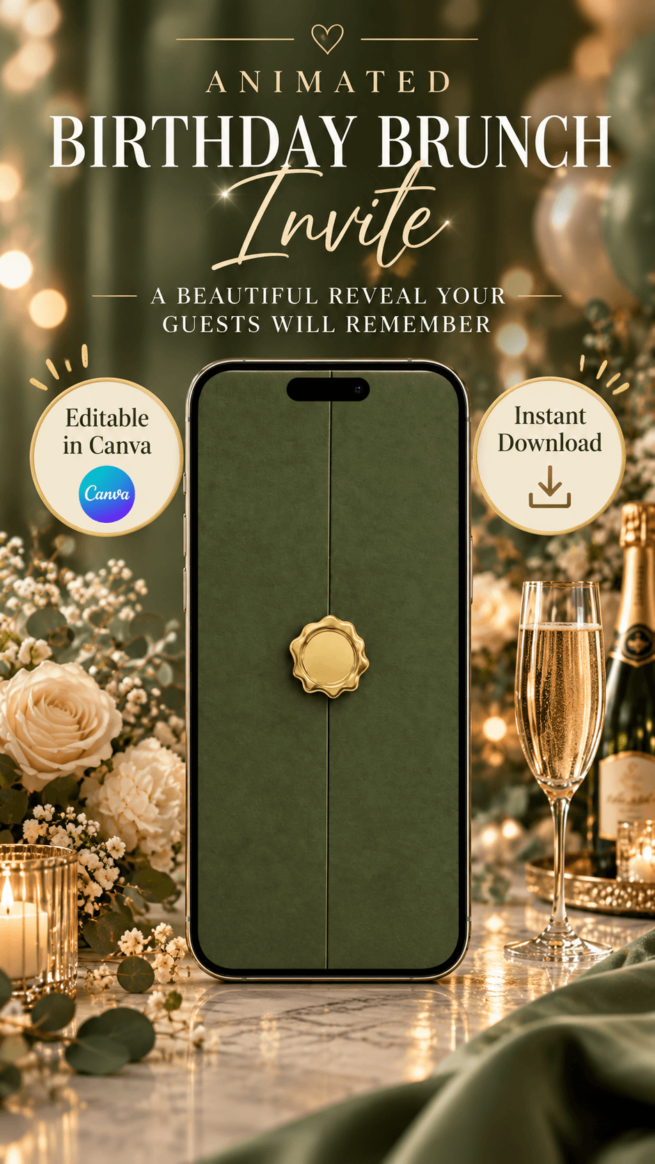 Green Birthday Brunch Video Invitation begins with a deep green envelope and gold seal, surrounded by cream florals and candlelight.