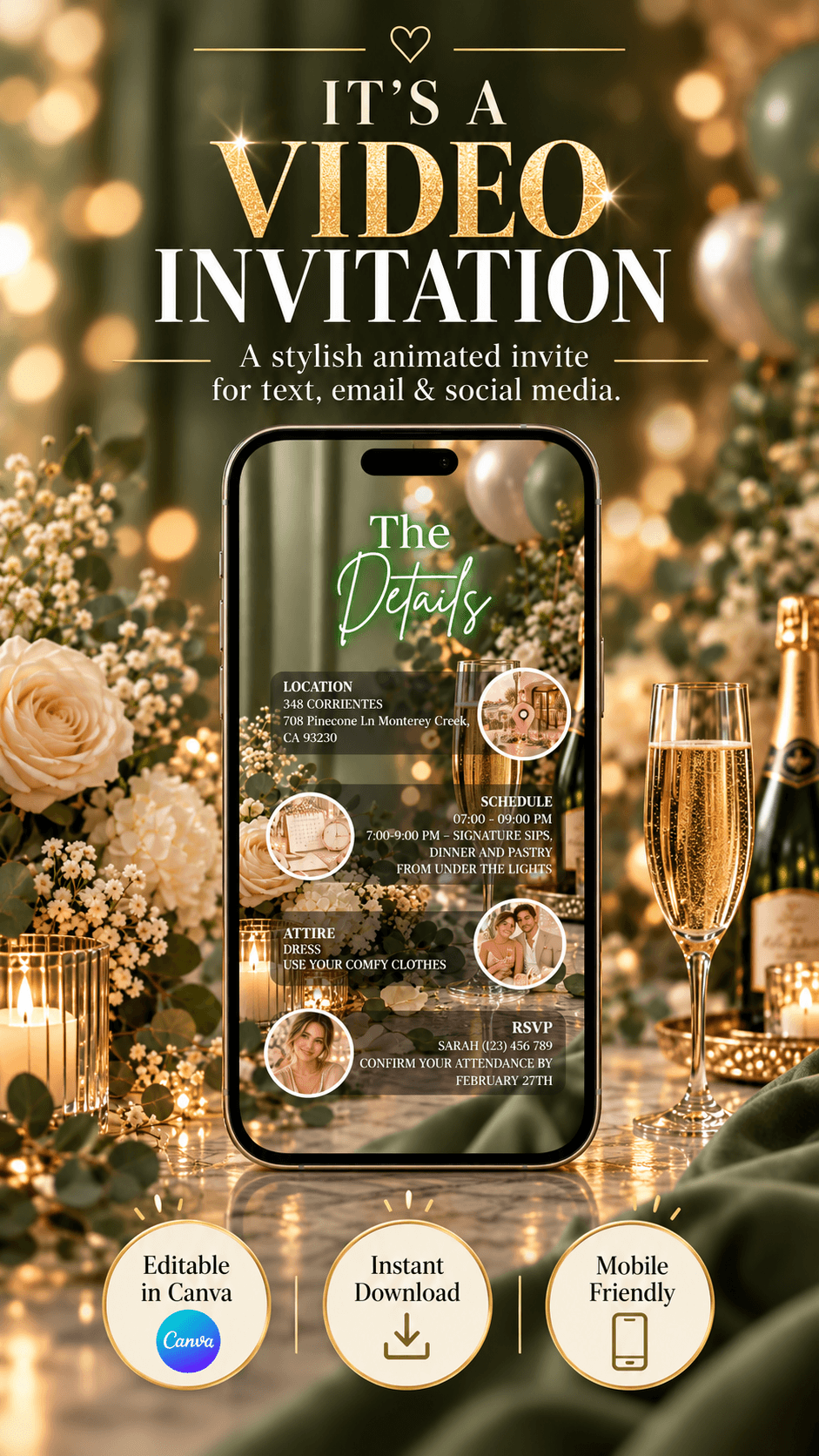Green Birthday Brunch Video Invitationshowcasing elegant design with floral decor and champagne for stylish celebrations.