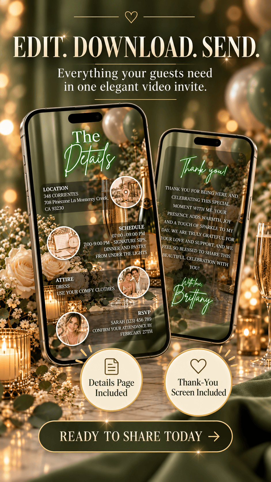 Green Birthday Brunch Video Invitationmobile video template showcasing details and thank you screens for stylish celebrations.