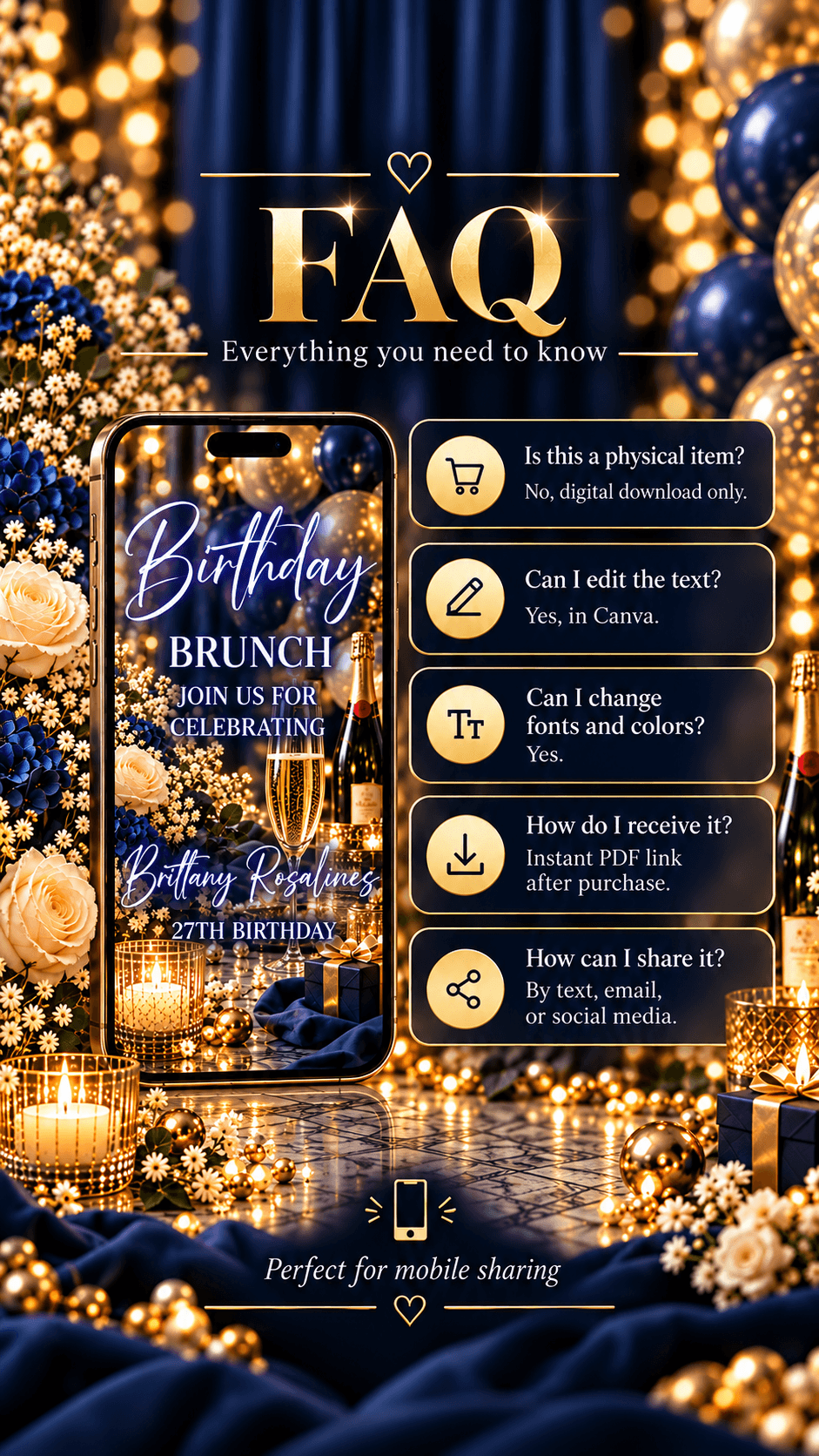 Luxury Birthday Brunch Video Invitation FAQ image detailing customization options and delivery information.