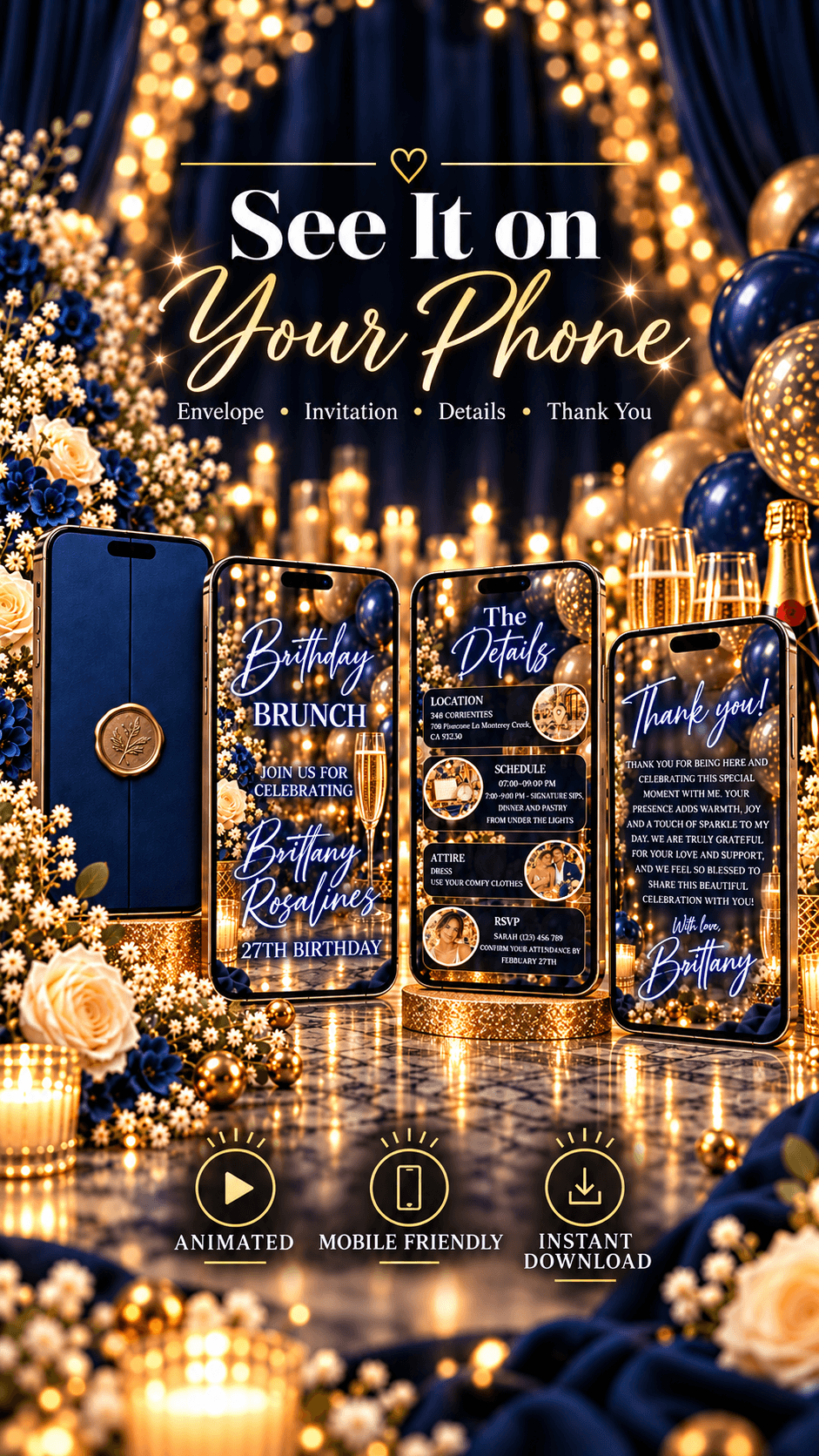 Luxury Birthday Brunch Video Invitation showcasing envelope and details on a stylish phone amid elegant decor.