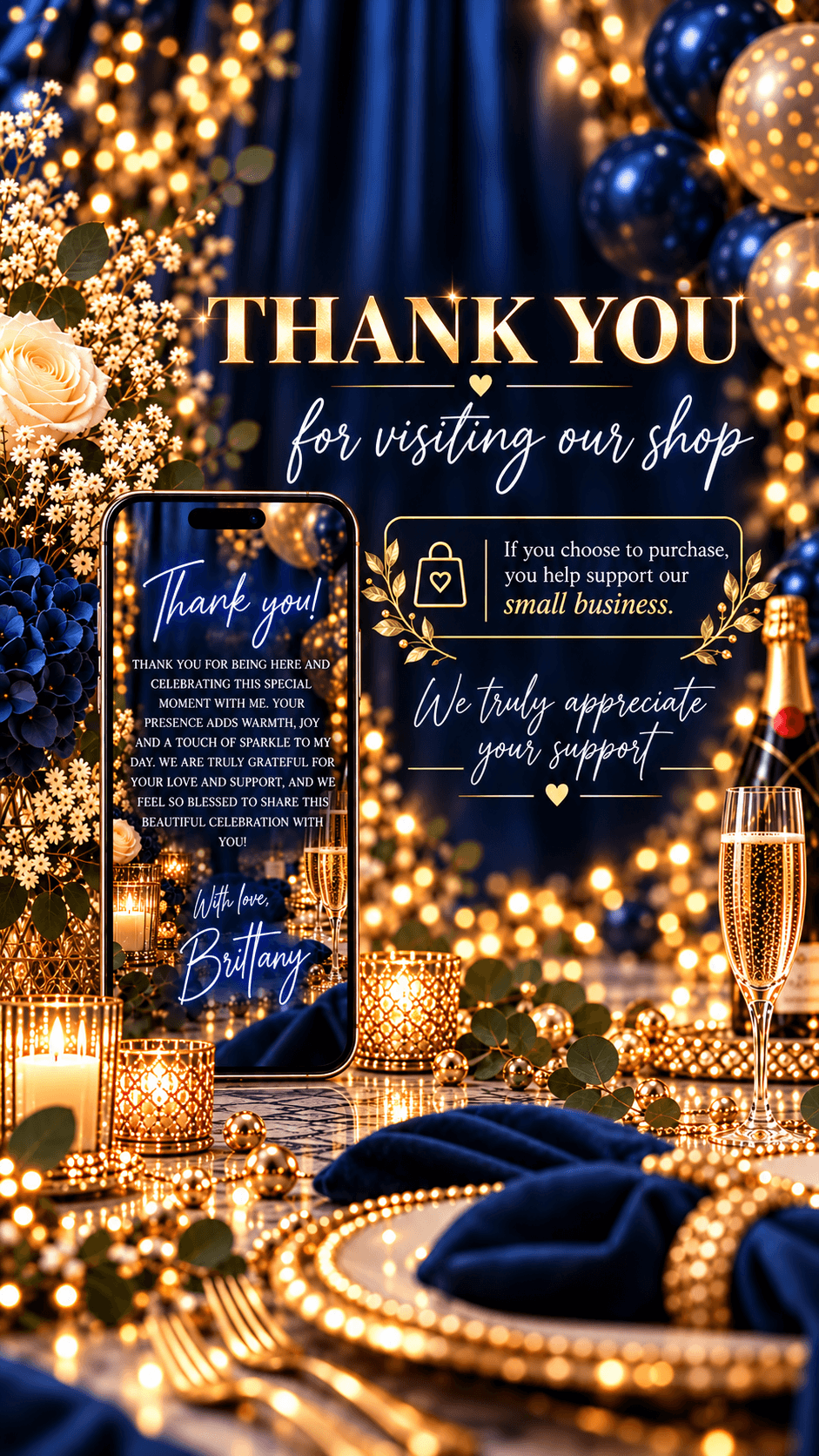 Luxury Birthday Brunch Video Invitation elegant thank you message with navy blue decor and gold accents.