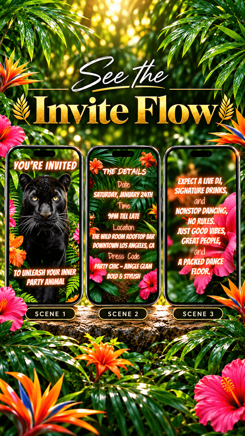 Jungle Panther Birthday Video Invitation featuring a majestic black panther among tropical foliage and vibrant flowers.