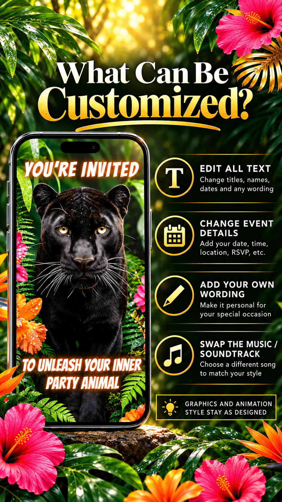 Jungle Panther Birthday Video Invitation showcasing customization options with a majestic black panther in a tropical jungle.