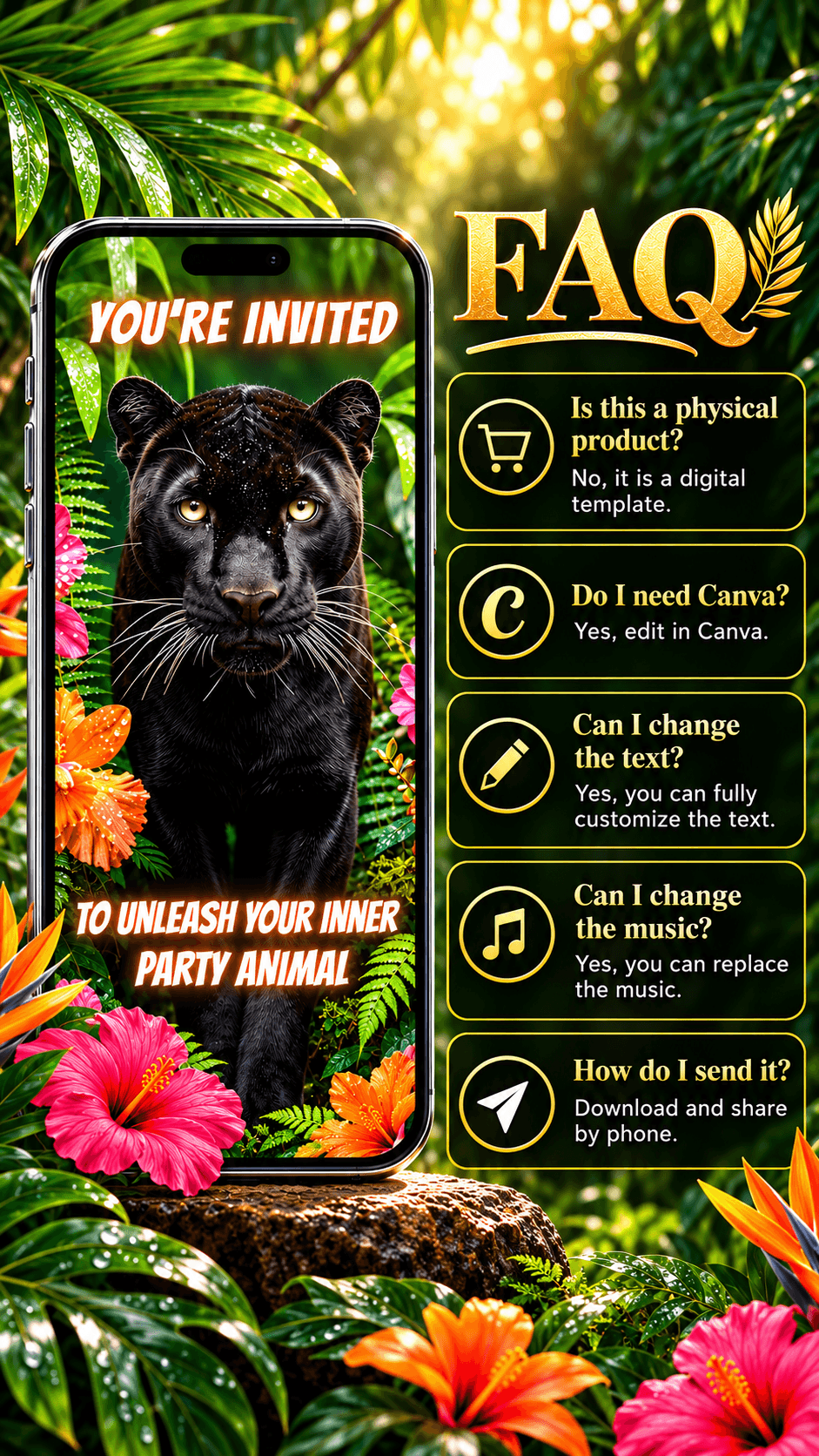 Jungle Panther Birthday Video Invitation design with black panther, tropical foliage, and FAQ text on a mobile phone.
